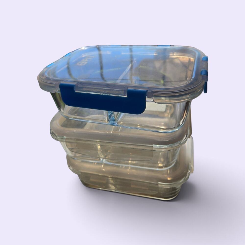 Healthy Meal Prep Glass Containers 2 Compartments Micro Oven Safe Set Of 3